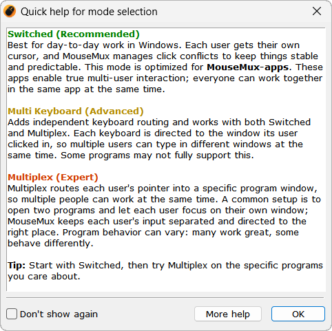 Quick help for mode selection