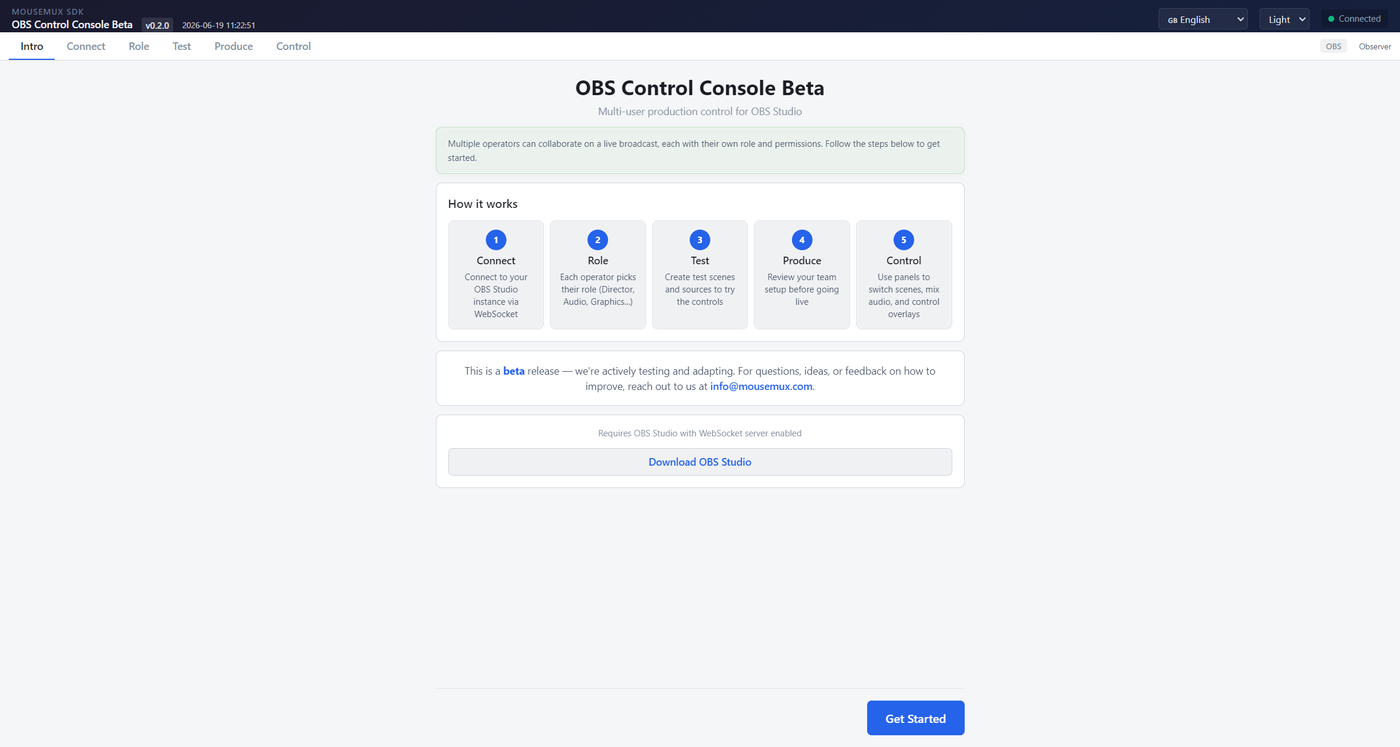 OBS Control Console intro: connect, pick a role and go live