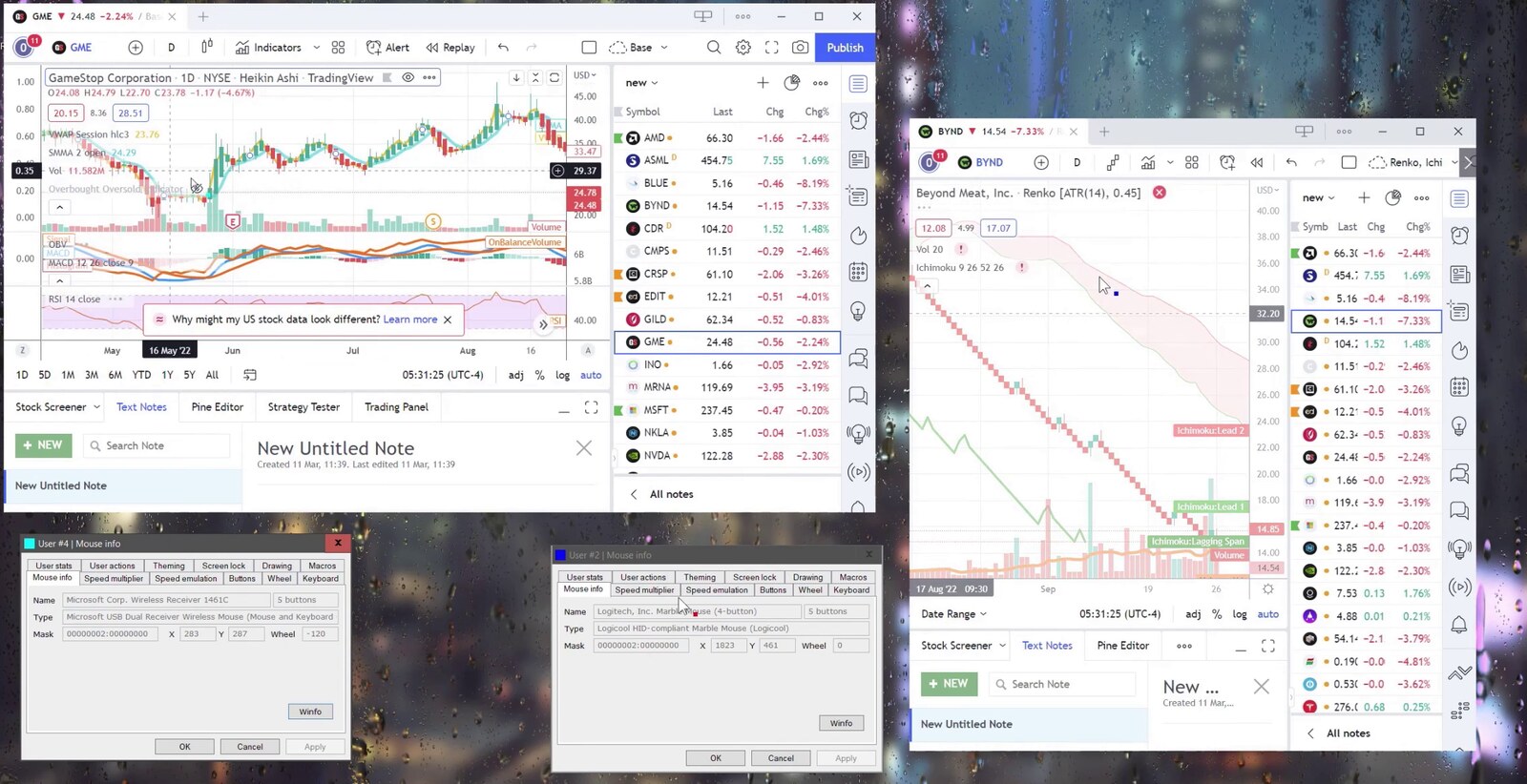 Two TradingView chart windows and a watchlist running side by side on one MouseMux desktop