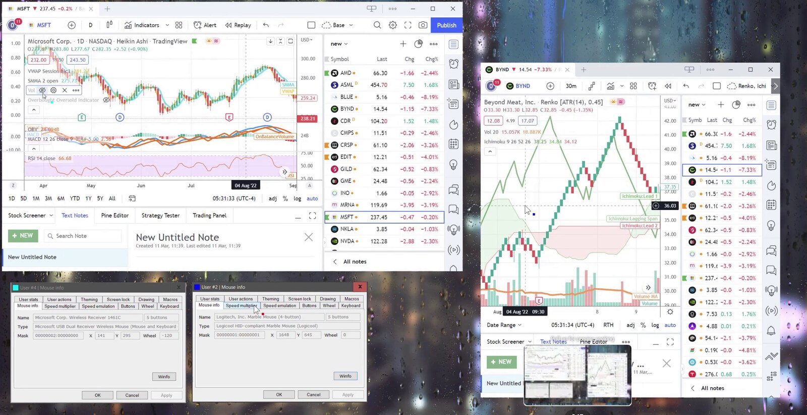 TradingView charts with pattern overlays across two windows on one screen